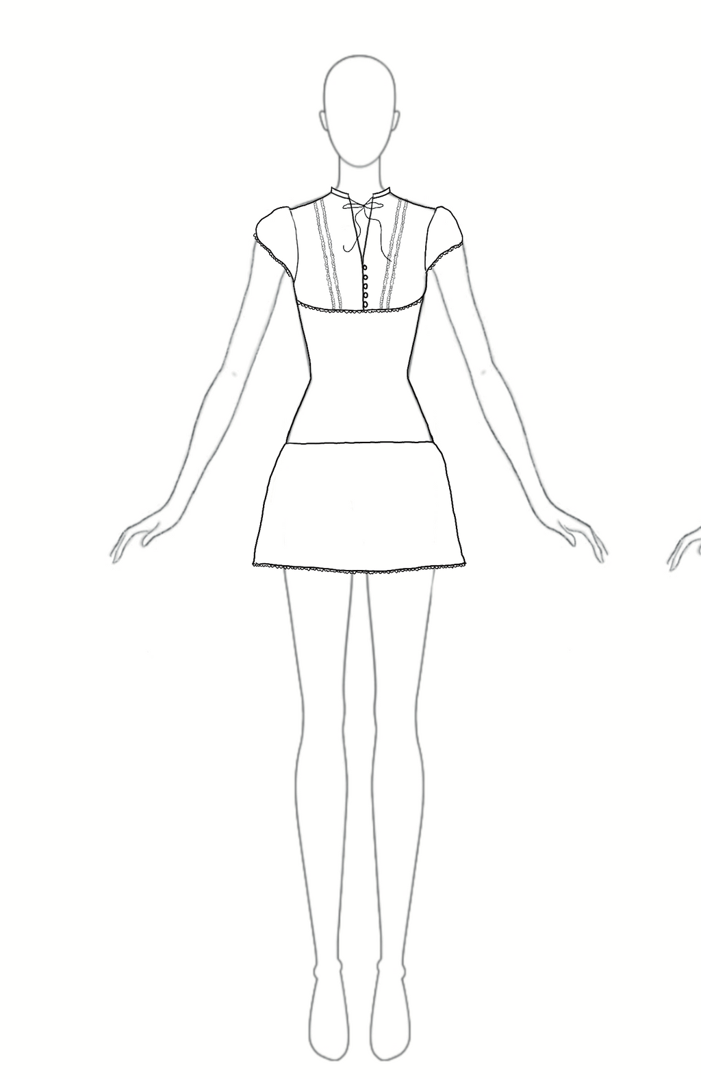 Cap sleeve peacoat collar with buttons and ruffle details. Drop waist mini dress.